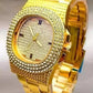 Golden Stone Studded Diamond Wrist Watch For Boys & Men